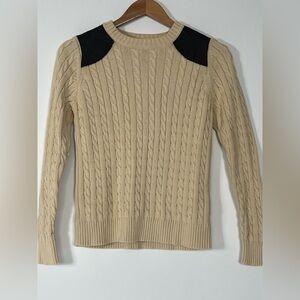 Cable Knit Sweater with Brown Leather Accents‎ Beige Cotton Sweater Size L